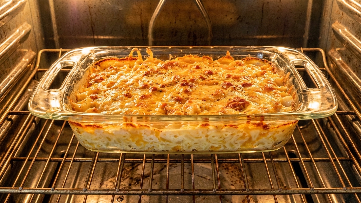 A casserole dish of mac and cheese baking on the center oven rack with a golden bubbling top