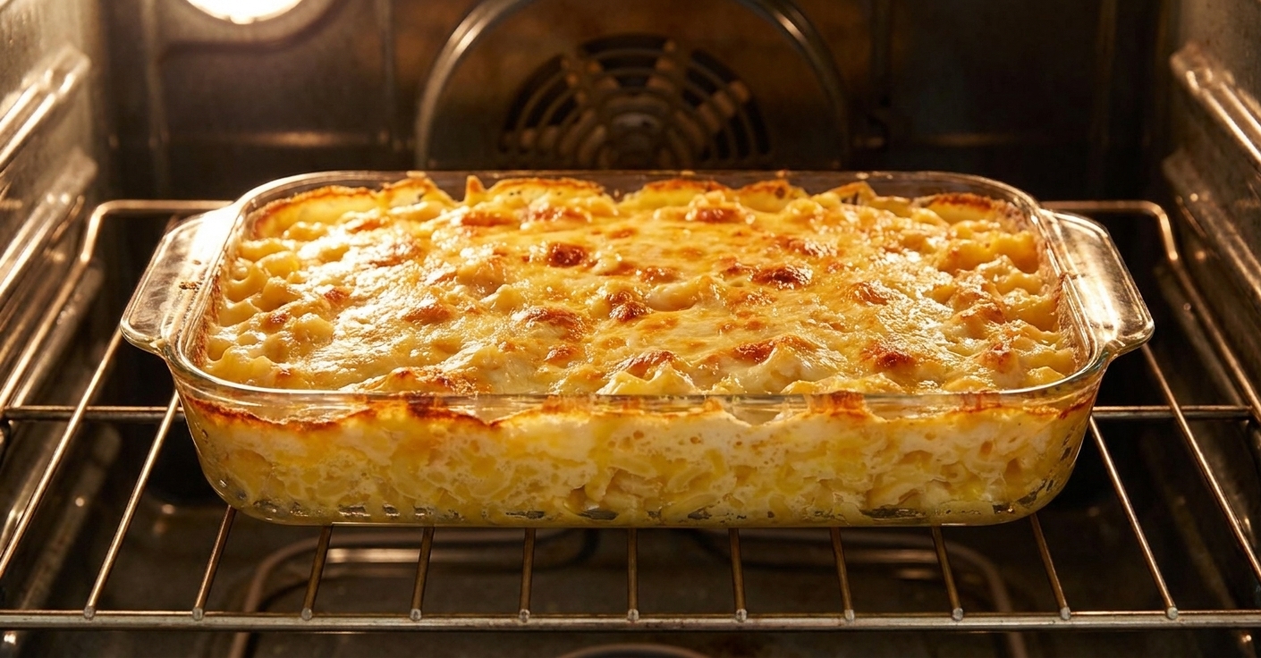 A casserole dish of mac and cheese on an oven rack with a golden, bubbling cheese top