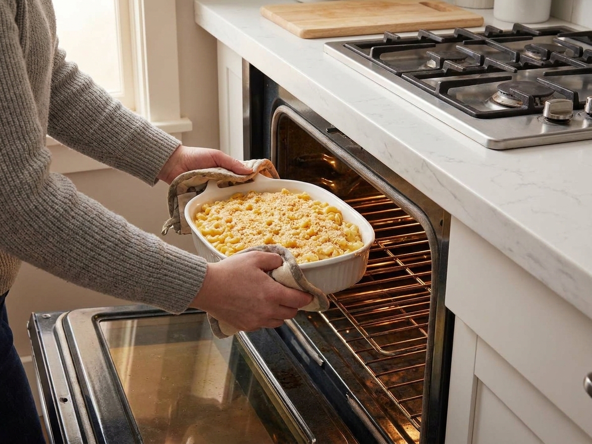 A casserole dish of macaroni and cheese being placed into a home oven with warm kitchen lighting