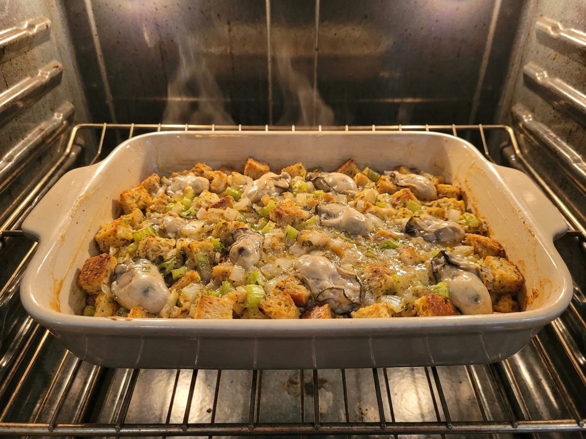 A casserole dish of oyster dressing baking on an oven rack with the top beginning to turn golden