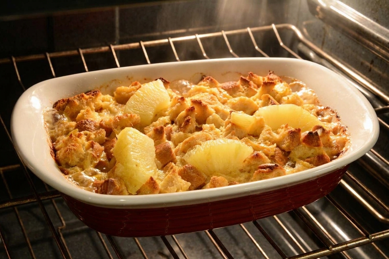 A casserole dish of pineapple stuffing on an oven rack, the top lightly browned and bubbling at the edges