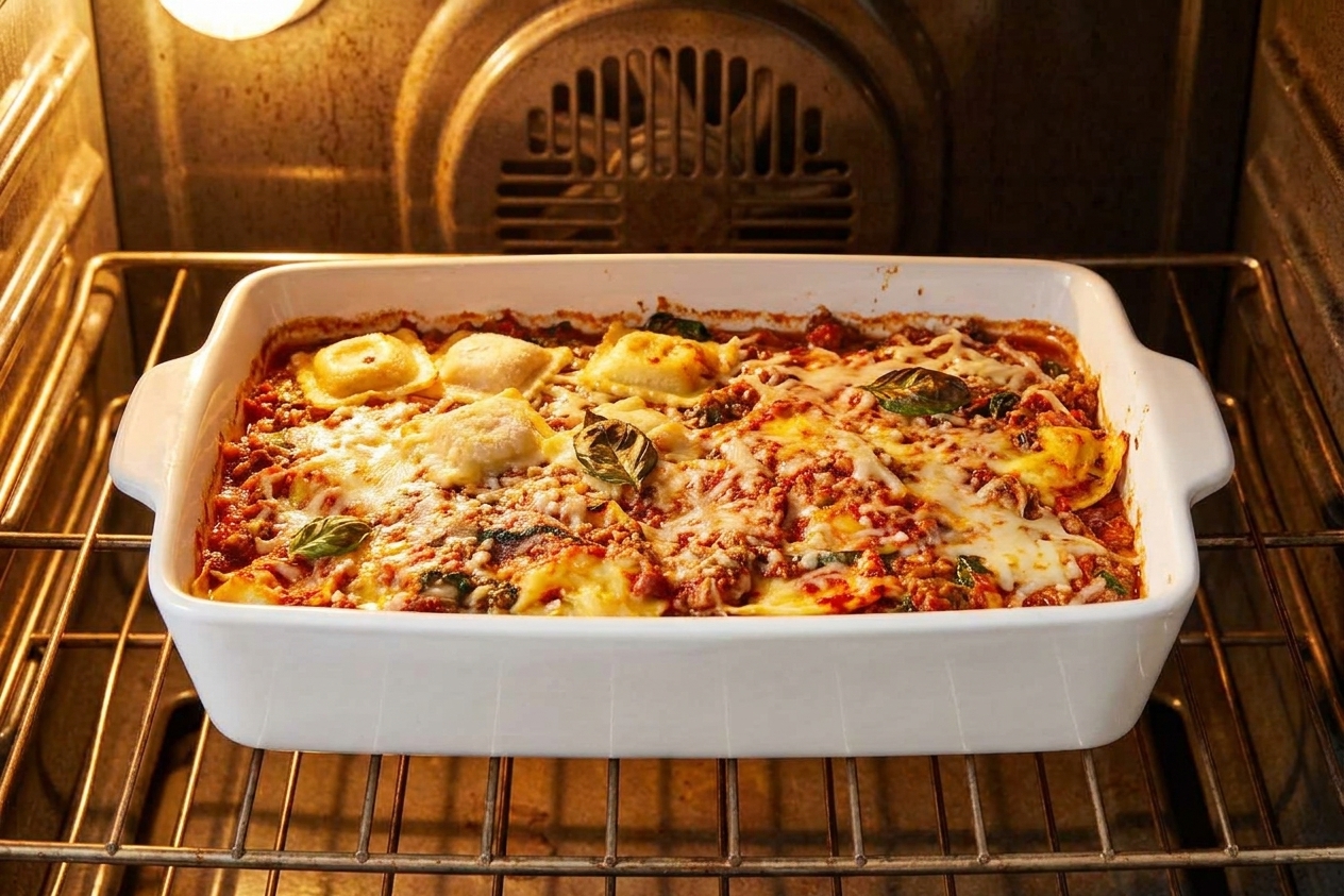 A casserole dish of ravioli lasagna on an oven rack with melted cheese bubbling and lightly browned