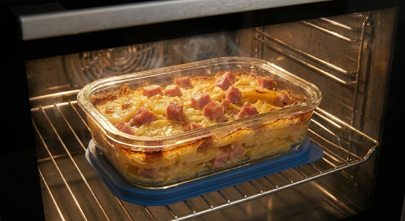 A casserole dish of scalloped potatoes and ham on an oven rack with the top bubbling and lightly browned