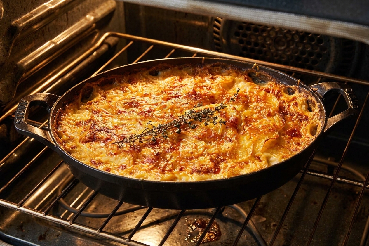 A casserole dish of scalloped potatoes on an oven rack with the top bubbling and beginning to brown