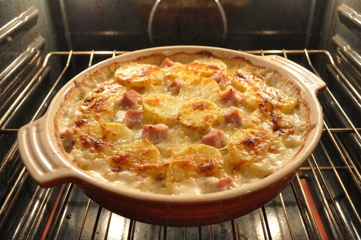 A casserole dish of scalloped potatoes with ham baking on an oven rack with the top turning golden