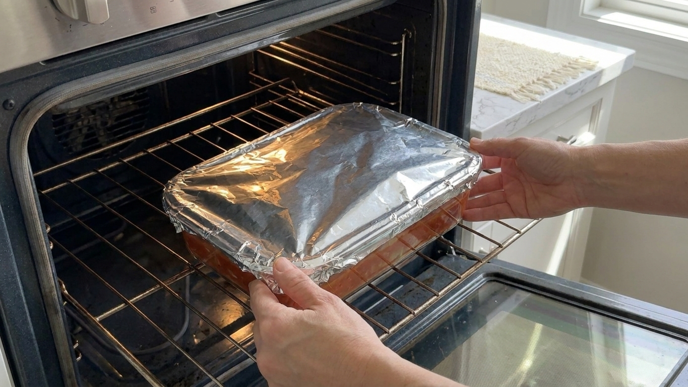 A casserole dish of stuffed cabbage rolls covered with foil being placed into an oven