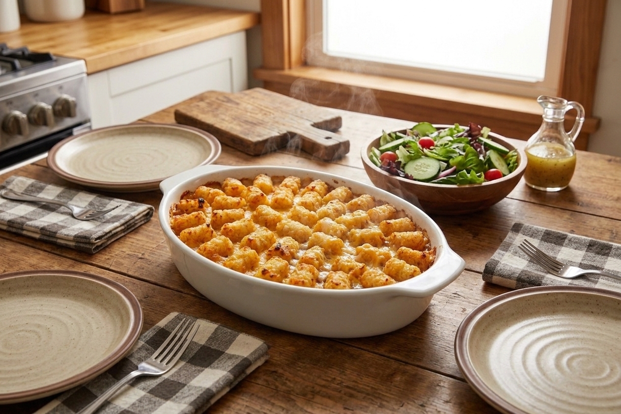 A casserole dish of tater tot hotdish set in the center of a dinner table with plates, forks, and a simple green salad nearby