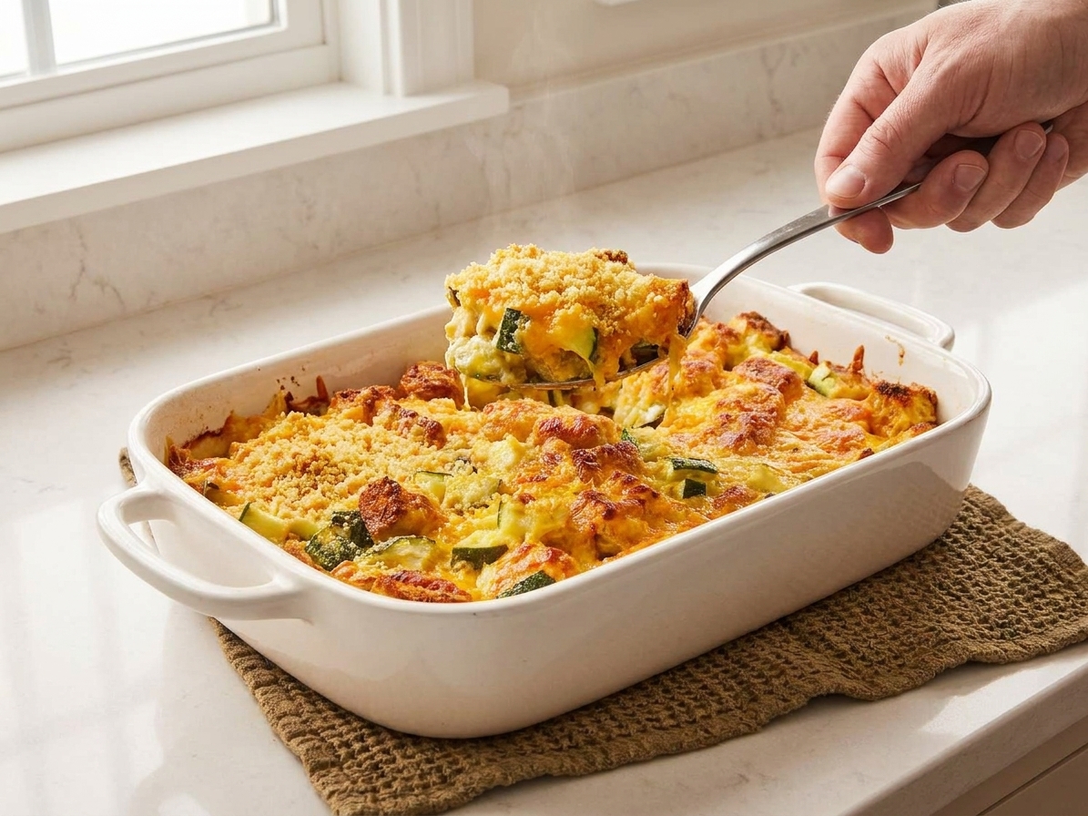 A casserole dish of zucchini casserole with a browned breadcrumb topping and bubbling edges