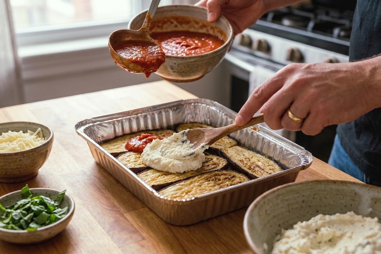 A casserole dish on a counter with roasted eggplant, marinara, and ricotta being layered with a spoon