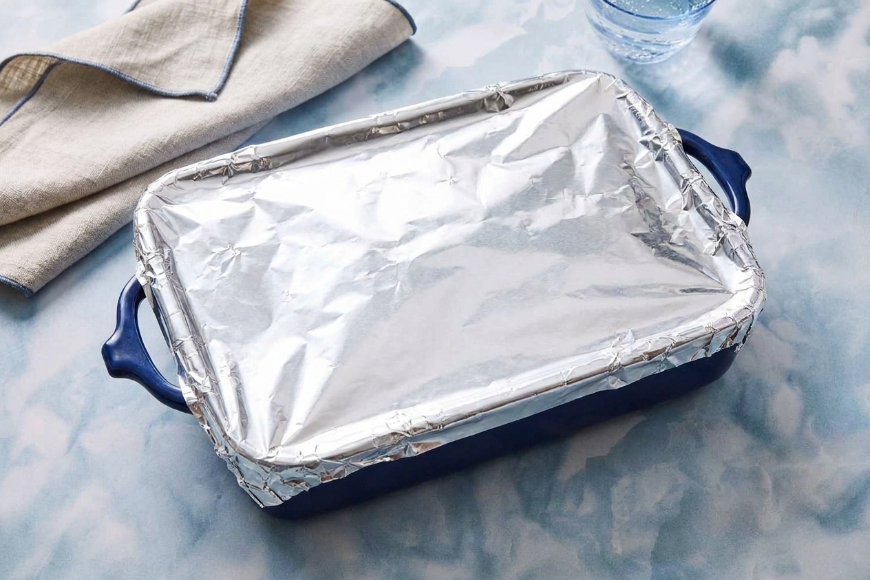 A casserole dish tightly covered with foil, ready to bake