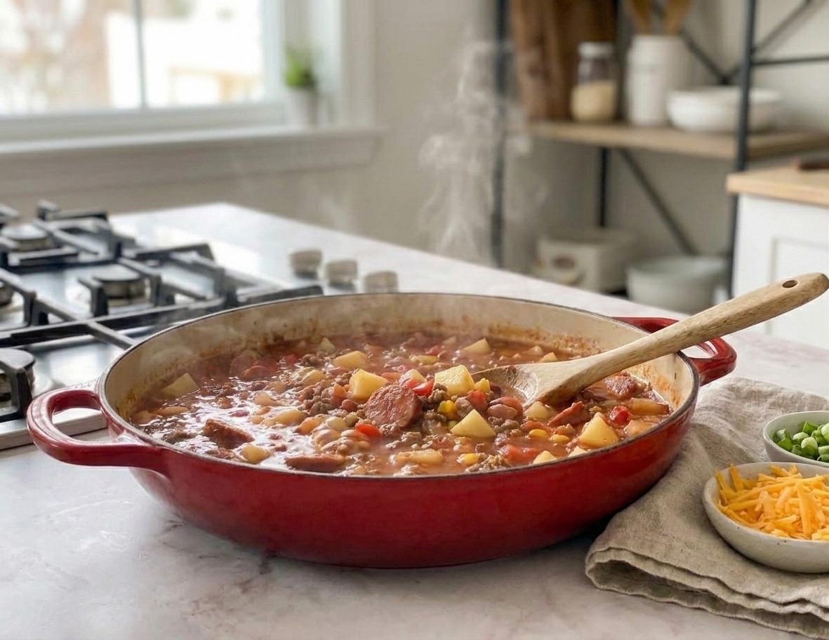 A cast iron Dutch oven filled with cowboy stew, showing chunks of potato, beans, and slices of smoked sausage in a rich tomato broth on a neutral kitchen counter