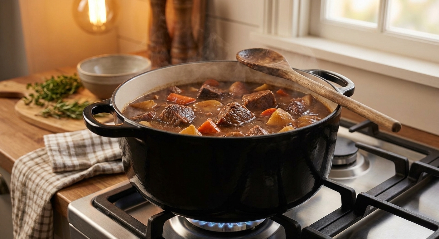 A cast iron Dutch oven on a stovetop with Guinness beef stew simmering, visible browned beef chunks and carrots in a dark broth, a wooden spoon resting on the rim, cozy kitchen lighting, photorealistic
