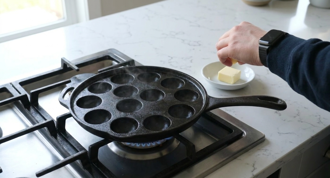 A cast iron aebleskiver pan preheating on a stovetop with a small dish of butter nearby