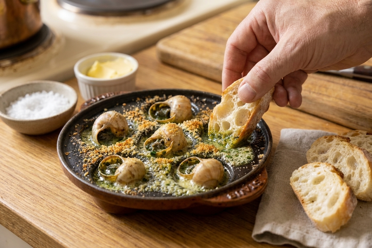 A cast iron escargot dish filled with snails baked in bubbling garlic parsley butter on a warm kitchen table with a sliced baguette nearby