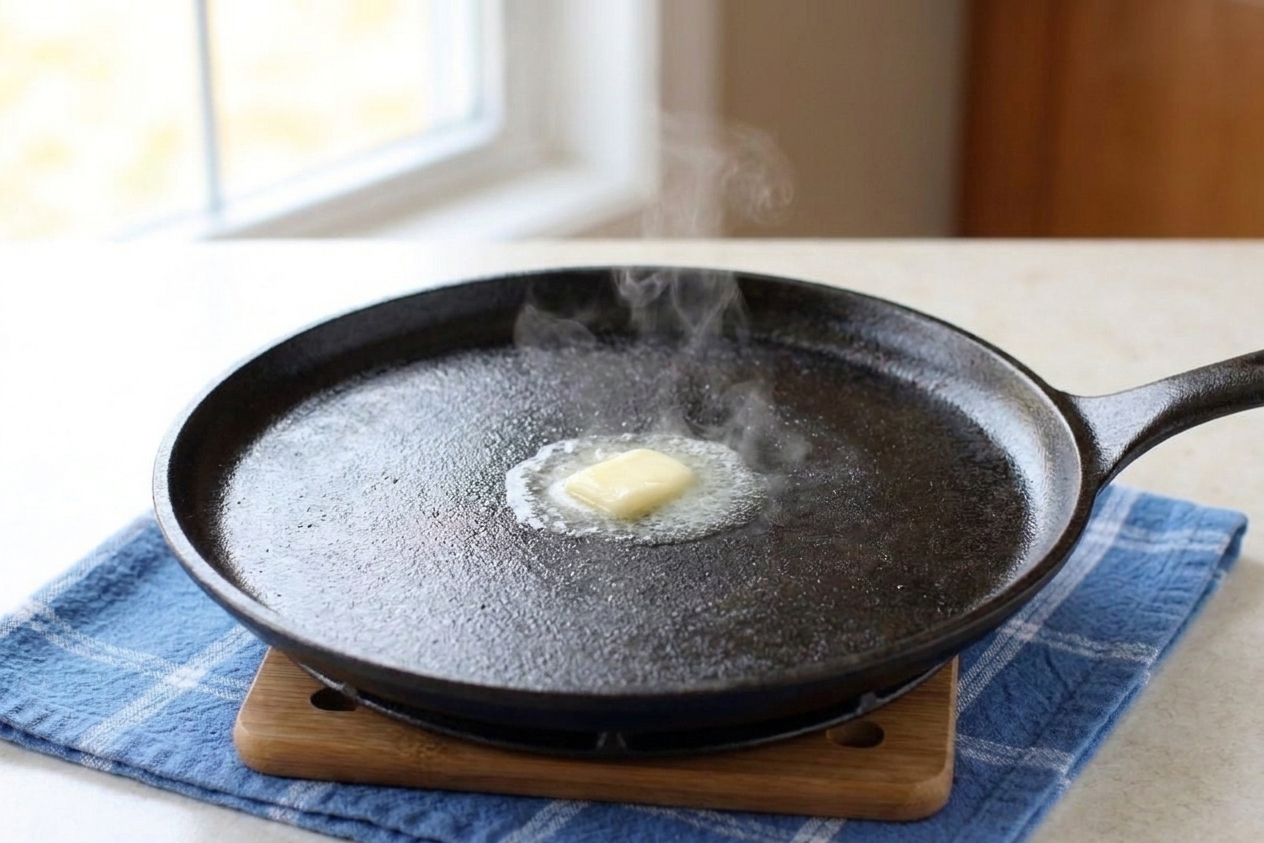 A cast iron griddle heating until evenly hot