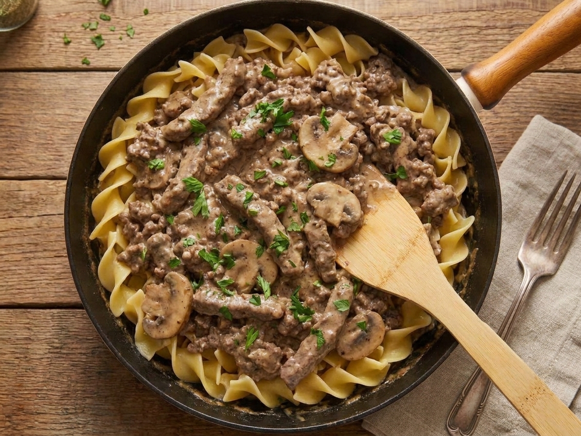 A cast iron pan filled with creamy hamburger beef stroganoff with mushrooms and onions, served over egg noodles on a warm kitchen counter with soft natural light