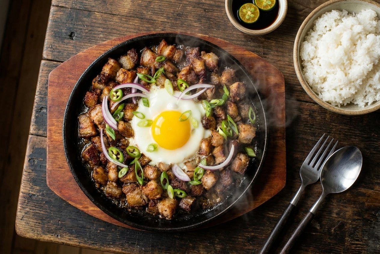 A cast iron sizzling plate of pork sisig with crisp browned bits, sliced red onions, green chiles, and a sunny-side egg on top on a dark wooden table