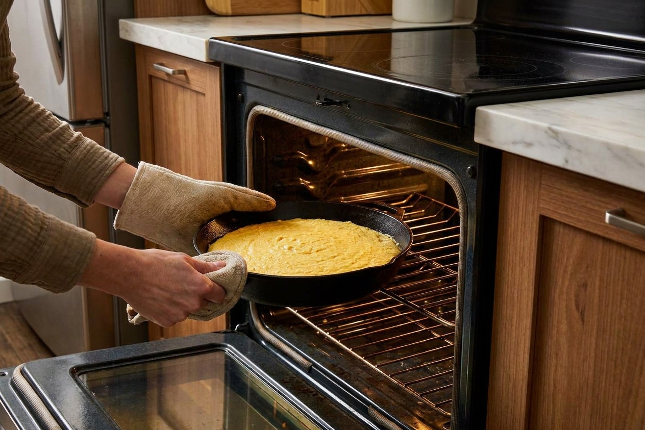 A cast iron skillet being placed into a home oven with cornbread batter inside, photographed from the side with warm kitchen lighting