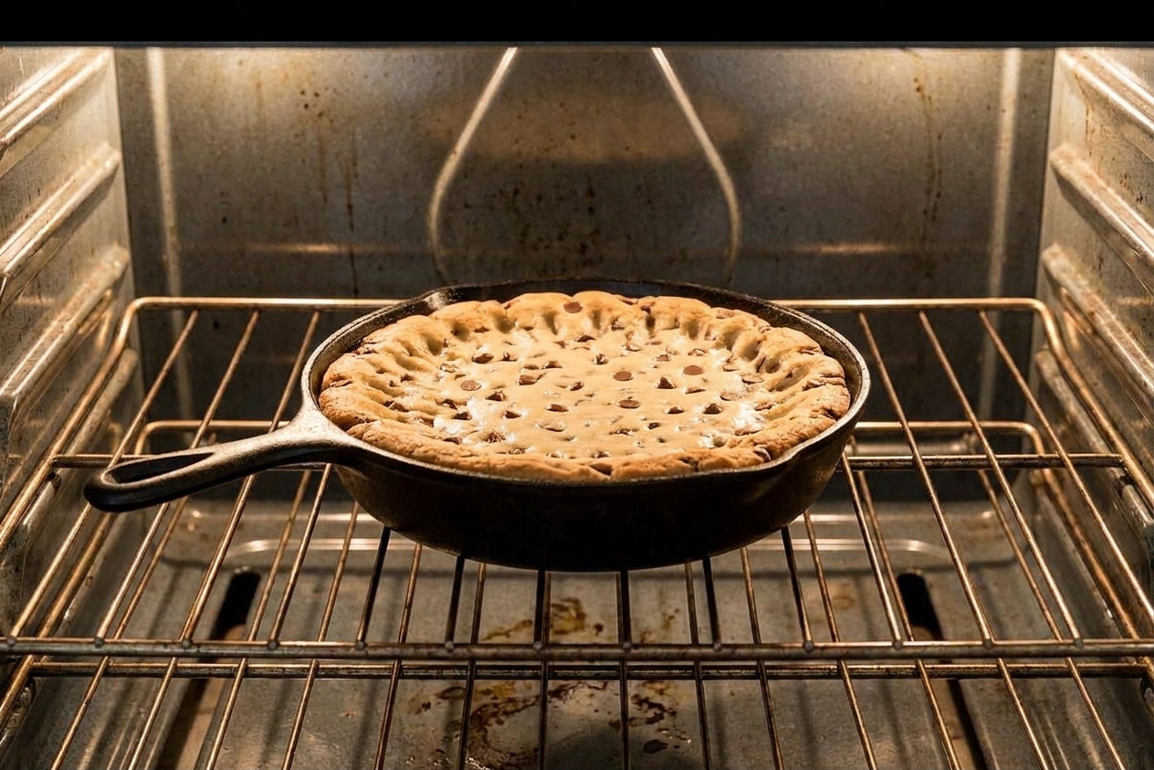 A cast iron skillet cookie baking on the middle rack of an oven with the edges turning golden brown