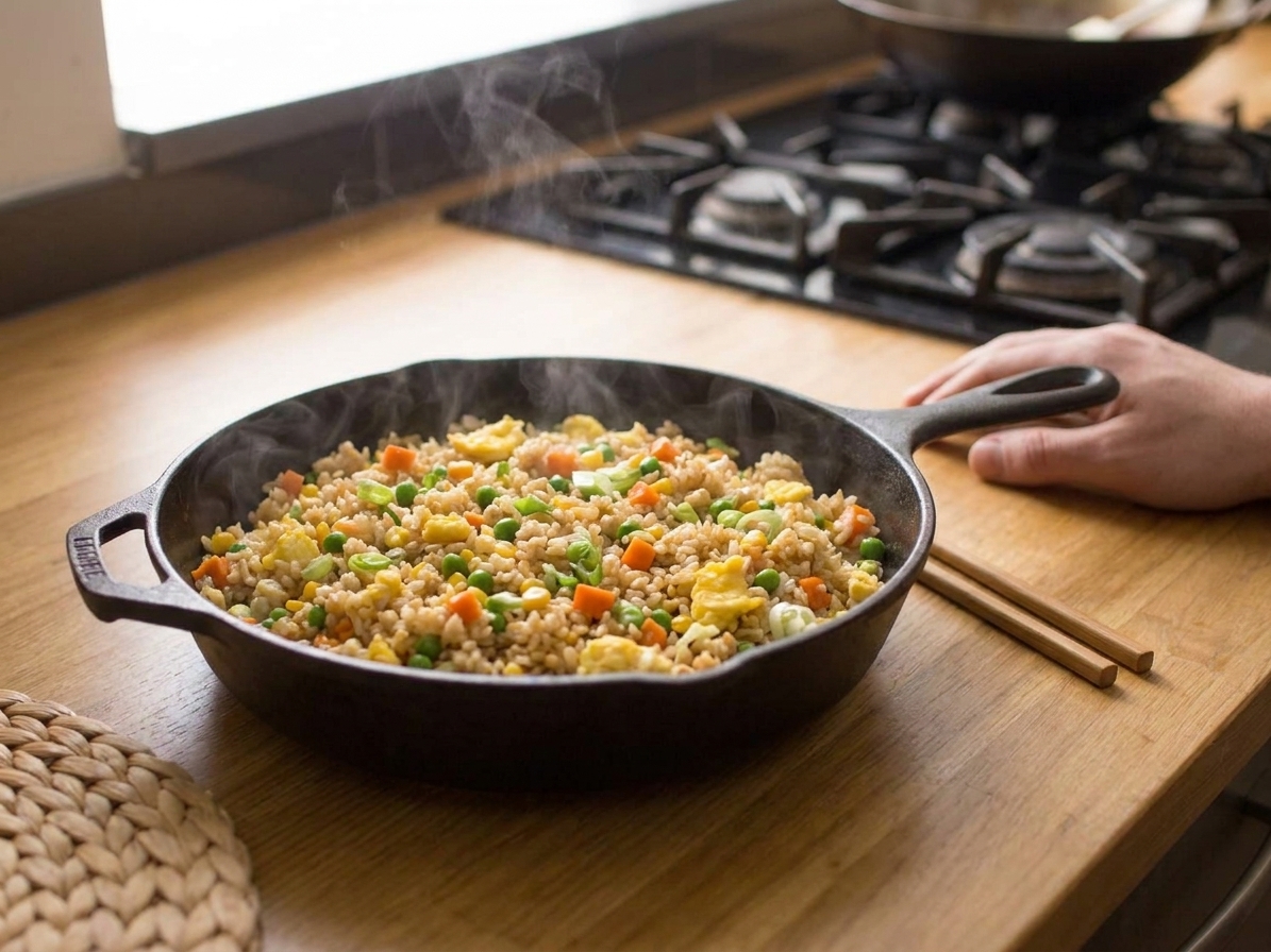 A cast iron skillet filled with Benihana-style fried rice with scrambled egg, diced carrots, peas, and green onion, photographed on a warm kitchen counter with chopsticks nearby