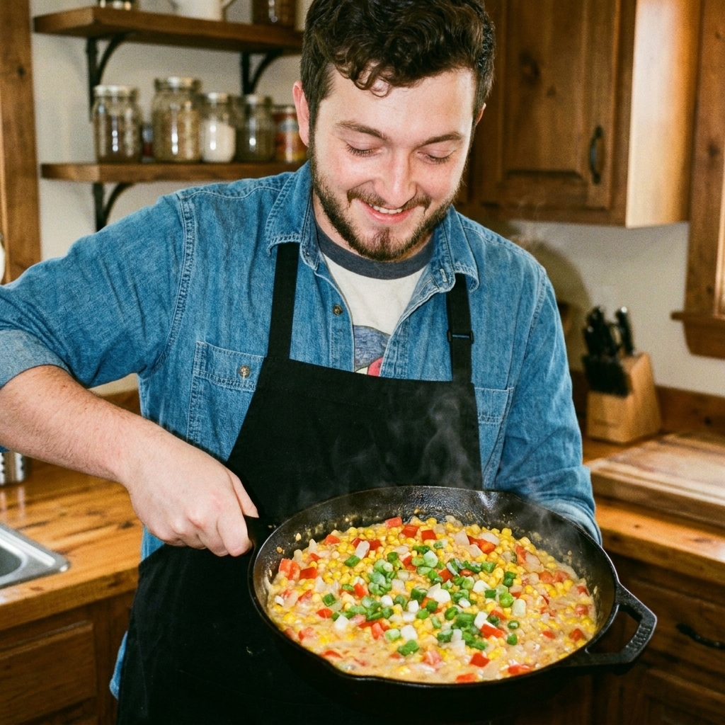 A cast iron skillet filled with Cajun maque choux, creamy corn with diced red bell pepper and onion, finished with green onions, warm kitchen light, real food photography style