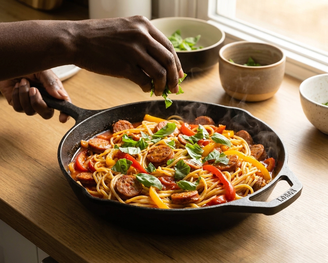 A cast iron skillet filled with Italian drunken noodles, spicy sausage, bell peppers, and a glossy tomato wine sauce, topped with basil on a wooden kitchen counter in warm natural light