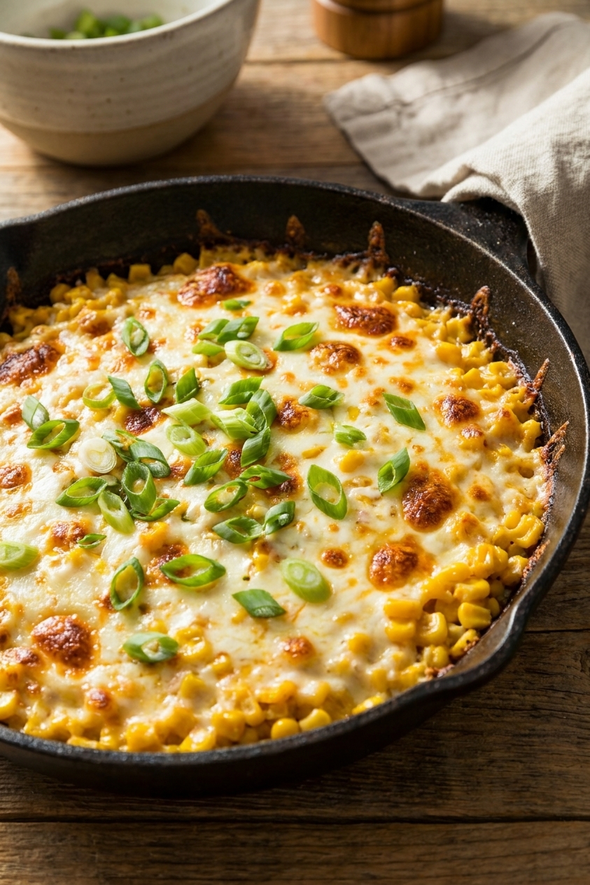 A cast iron skillet filled with Korean cream corn cheese, bubbling mozzarella browned on top with corn kernels visible and sliced green onions scattered, realistic food photography