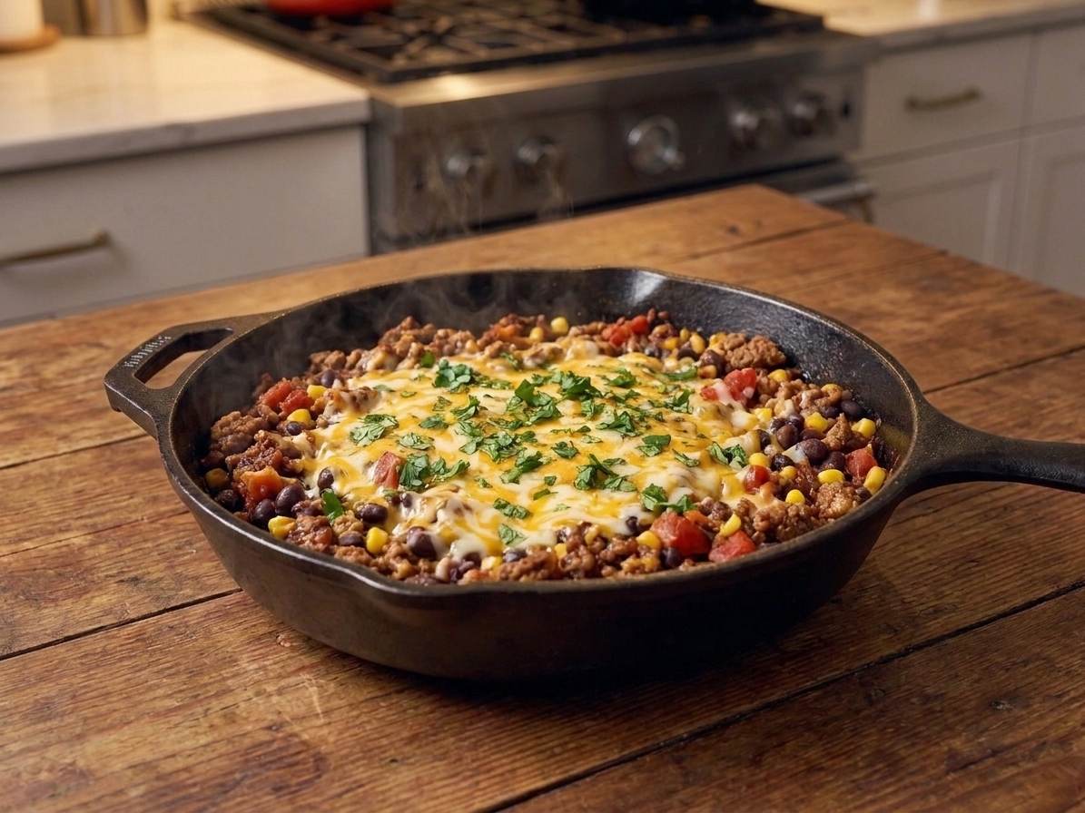 A cast iron skillet filled with Mexican ground beef, black beans, corn, and tomatoes, topped with melted cheese and chopped cilantro on a warm kitchen counter