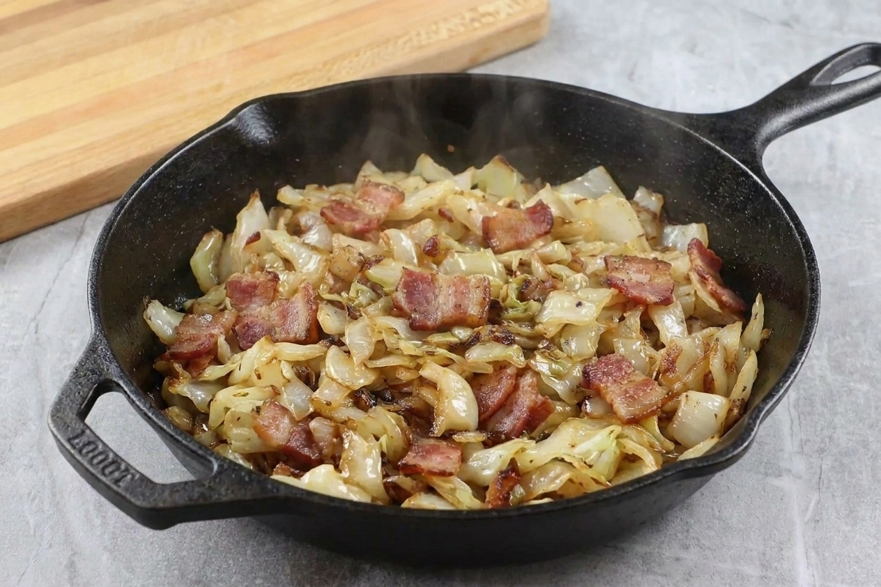 A cast-iron skillet filled with Southern fried cabbage, bacon pieces, and caramelized onions, glossy and lightly browned at the edges on a warm kitchen counter