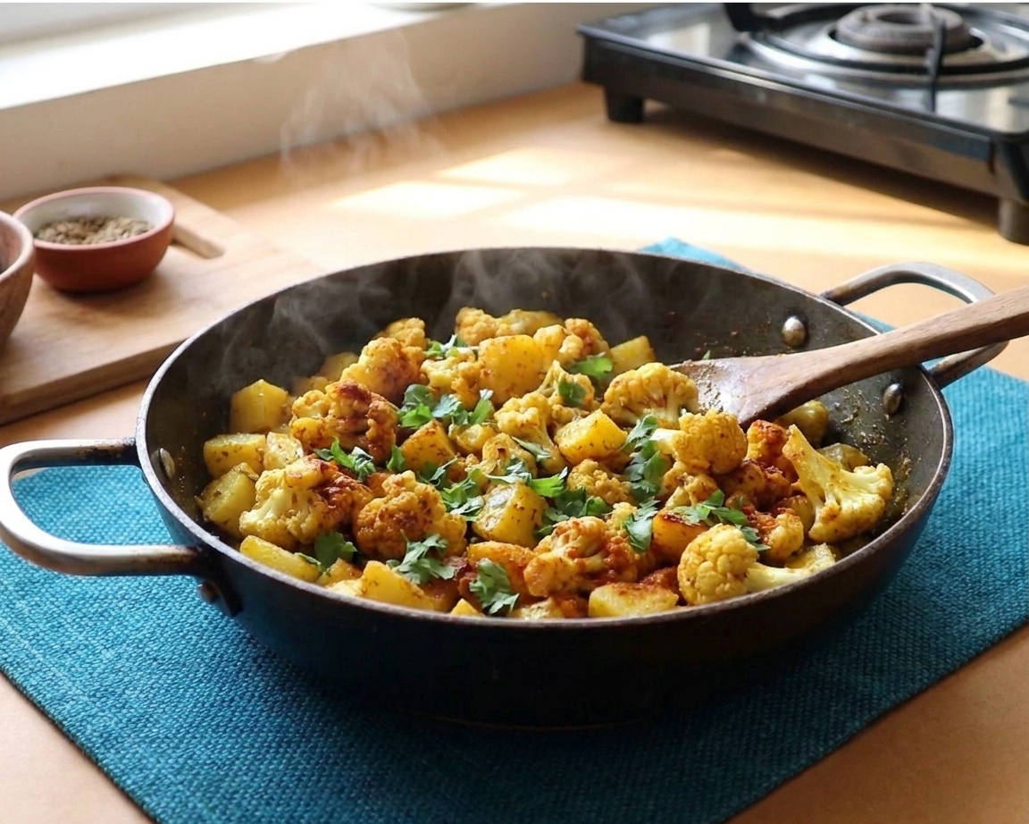 A cast iron skillet filled with aloo gobi, showing golden cauliflower florets and tender potato chunks coated in warm spices, finished with cilantro on a neutral kitchen counter in soft window light
