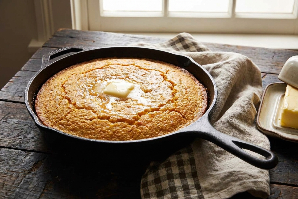 A cast iron skillet filled with baked corn bread set on a wooden table with a linen napkin and butter dish, warm natural light
