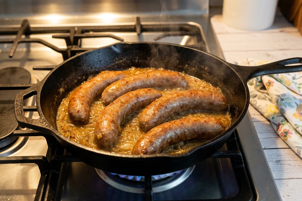 A cast iron skillet filled with beer bratwurst sausages and caramelized onions, golden and sizzling on a stovetop under warm kitchen lighting