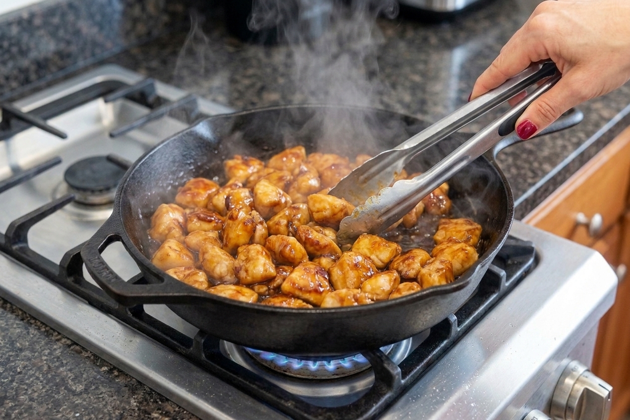 A cast iron skillet filled with bite-size chicken pieces coated in a glossy amber sticky glaze, with steam rising on a warm kitchen stove