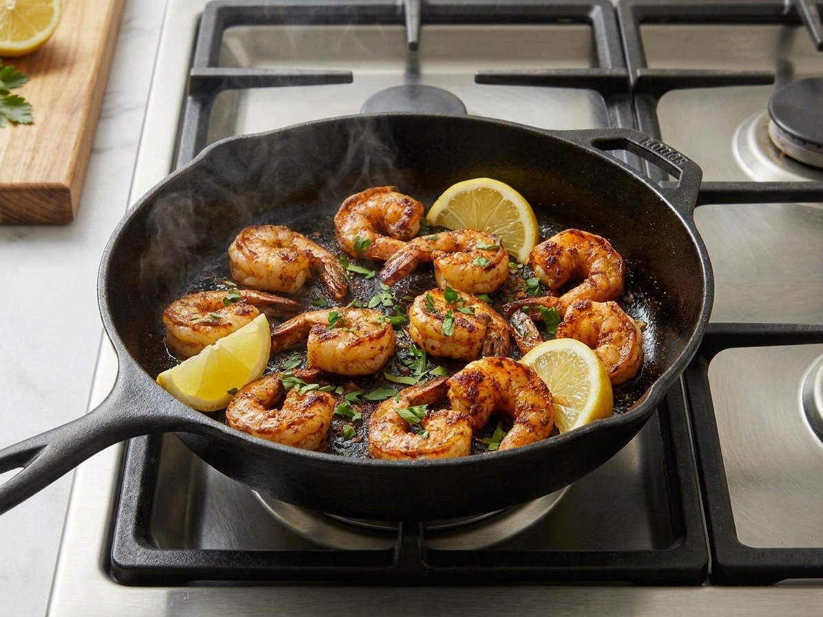 A cast iron skillet filled with blackened shrimp with crisp edges, lemon wedges, and chopped parsley on a warm kitchen stove