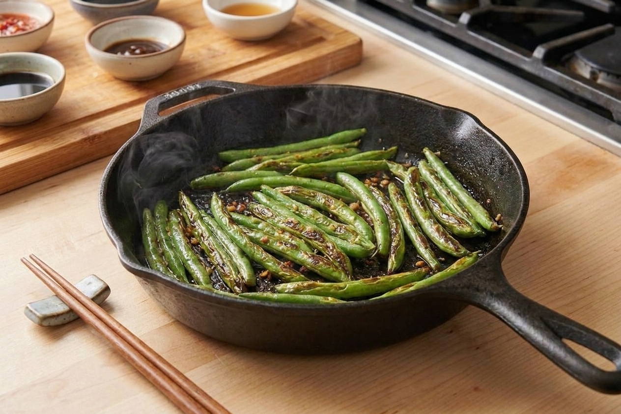 A cast iron skillet filled with blistered Chinese-style garlic green beans coated in a glossy soy-garlic sauce, set on a warm kitchen counter with chopsticks nearby