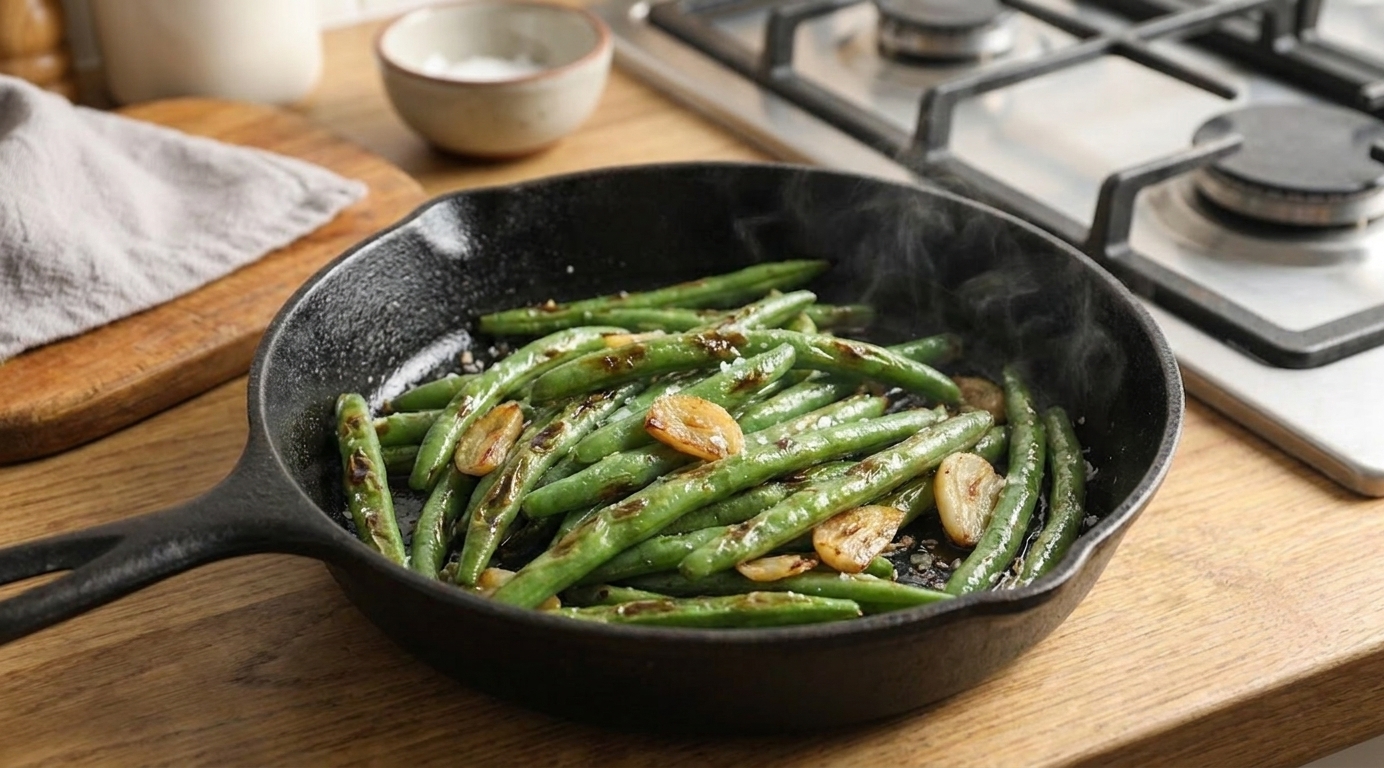 A cast iron skillet filled with blistered green beans and golden sliced garlic, lightly glossy with oil and sprinkled with flaky salt on a neutral kitchen counter