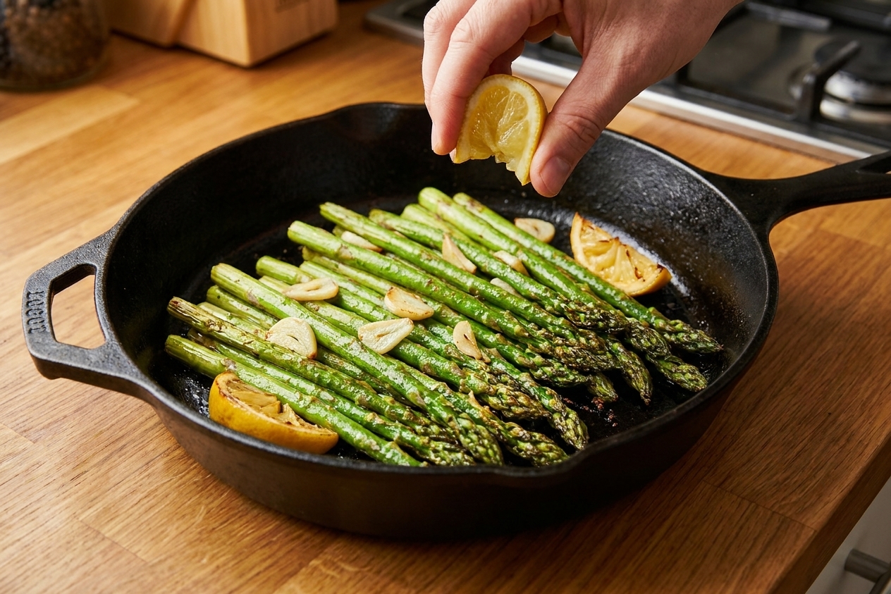 A cast iron skillet filled with bright green asparagus spears with crisped tips, sliced garlic, and lemon wedges on a warm kitchen counter