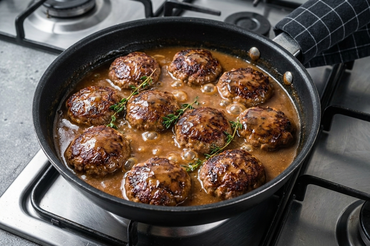 A cast-iron skillet filled with browned Danish-style frikadeller simmering in a glossy brown gravy on a stovetop