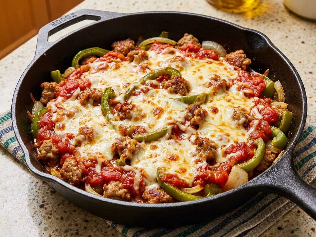 A cast iron skillet filled with browned Italian sausage crumbles, sautéed green bell peppers and onions, and a chunky tomato sauce topped with melted mozzarella on a warm kitchen counter