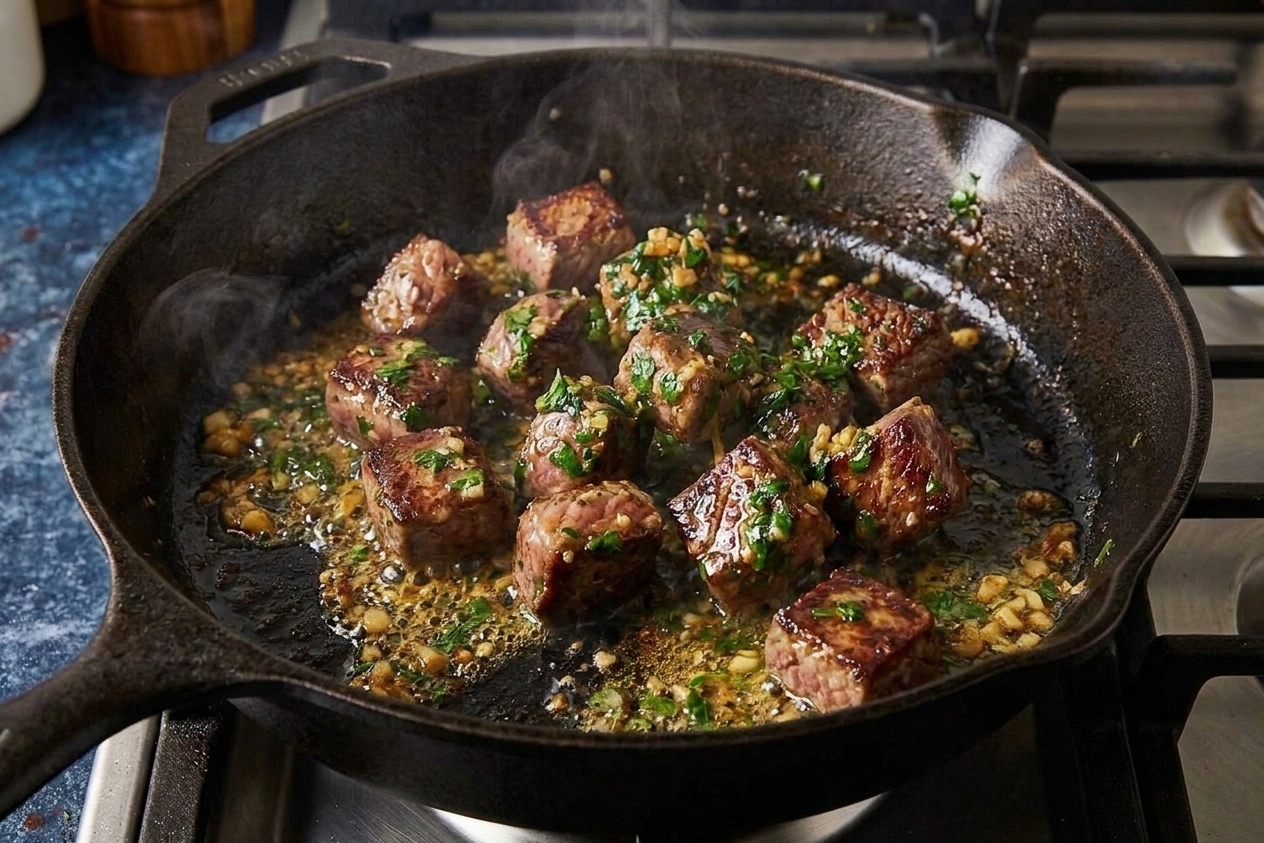 A cast iron skillet filled with browned garlic butter steak bites with crisp edges, glossy pan sauce, and chopped parsley on a warm kitchen stove