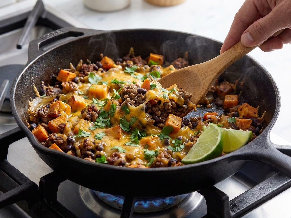 A cast iron skillet filled with browned ground bison, diced sweet potatoes, black beans, and melted cheddar, finished with cilantro and lime wedges on a warm kitchen counter