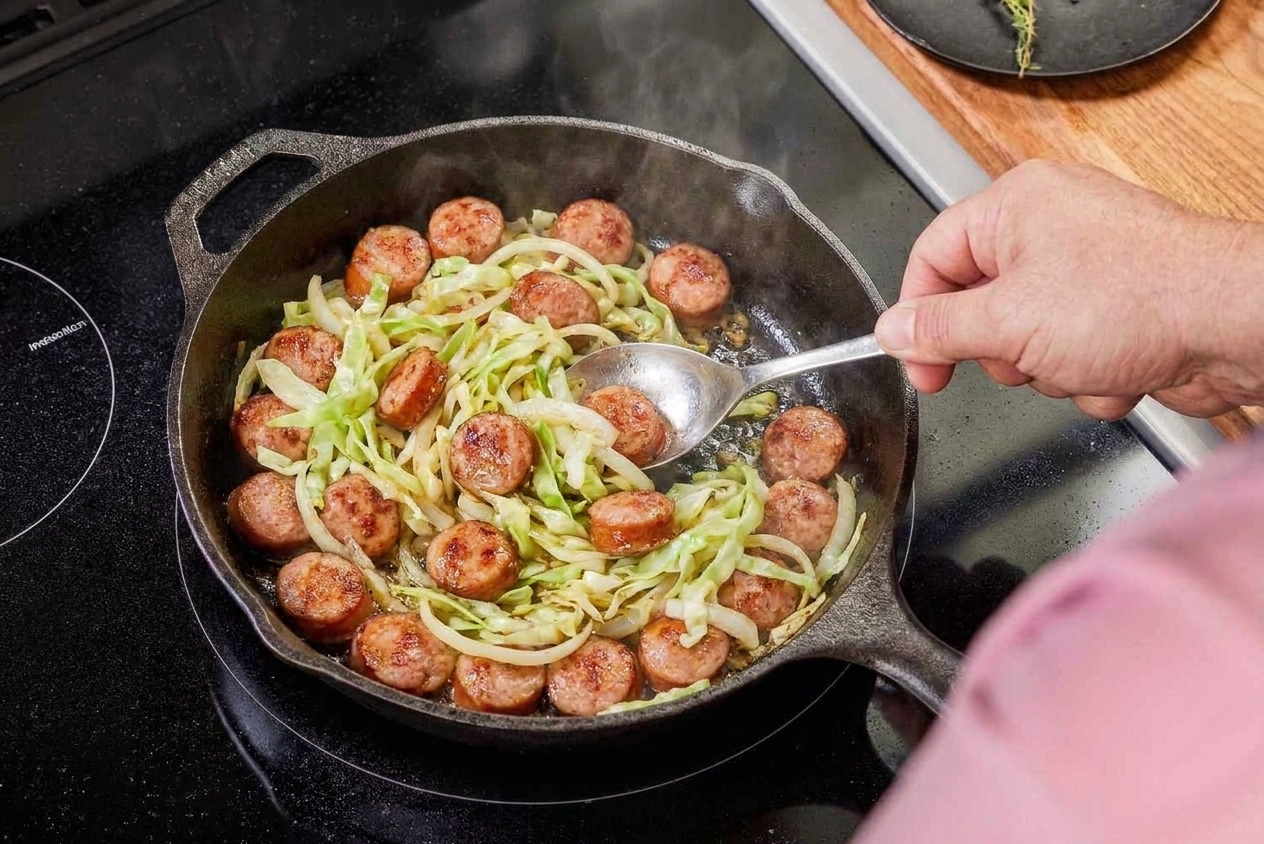 A cast iron skillet filled with browned kielbasa coins and tender sautéed green cabbage with onions, lightly glossy from pan juices