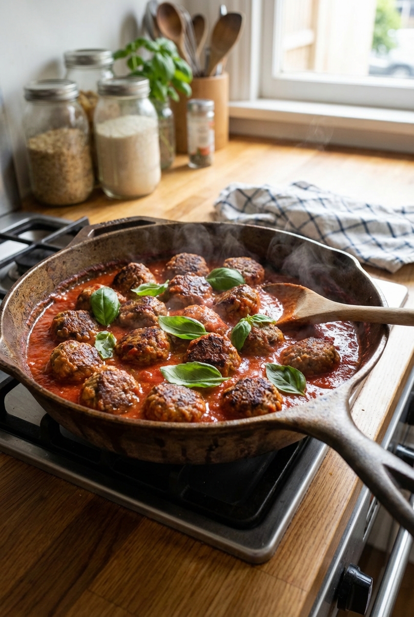 A cast iron skillet filled with browned meatballs simmering in tomato sauce with fresh basil