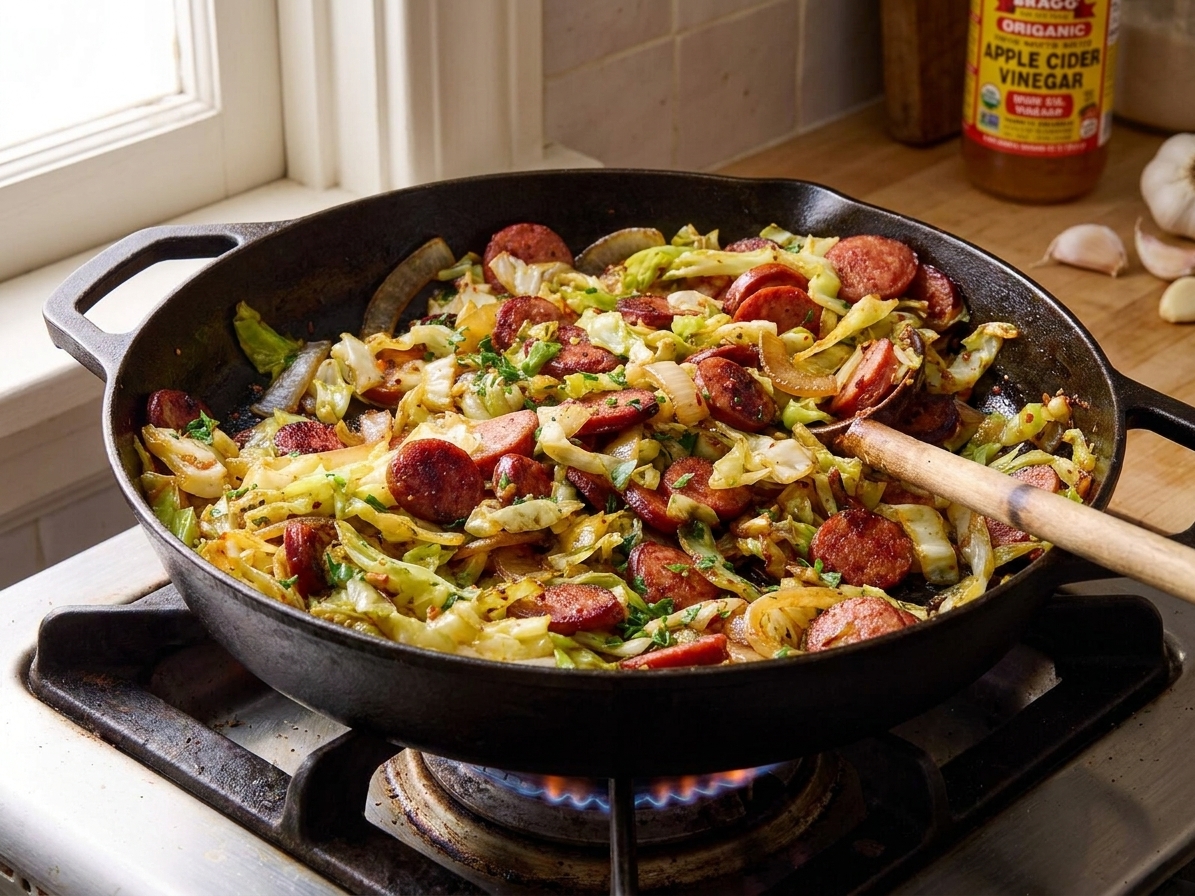 A cast iron skillet filled with browned sausage rounds, sautéed green cabbage, and caramelized onions on a home kitchen stove, warm natural light