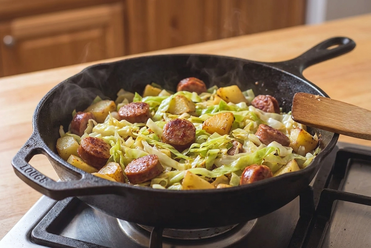 A cast iron skillet filled with browned sausage rounds, tender sautéed green cabbage, and golden potatoes on a stovetop, warm kitchen lighting