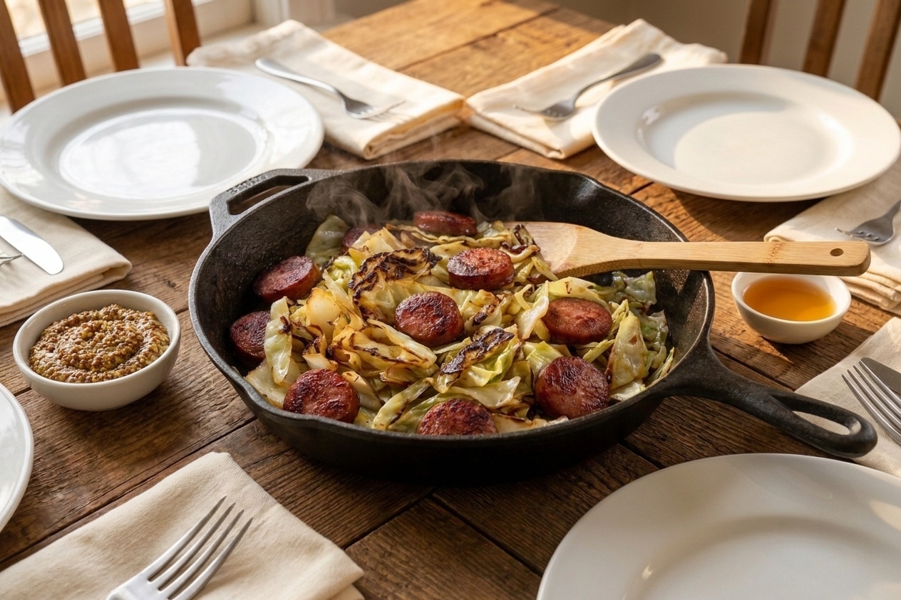 A cast-iron skillet filled with browned sausage slices and tender sautéed cabbage with caramelized edges, served family-style on a warm wooden table