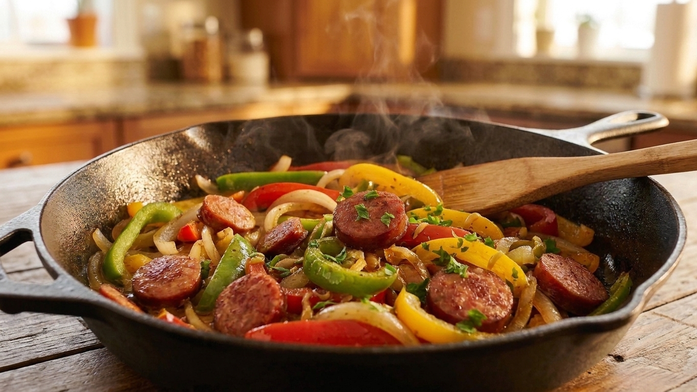 A cast iron skillet filled with browned slices of Polska sausage, sautéed bell peppers, and onions, finished with chopped parsley on a warm kitchen counter