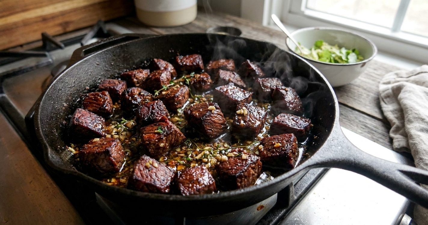 A cast iron skillet filled with browned steak tips with crisp edges, glistening with garlicky herb pan juices on a warm kitchen stove