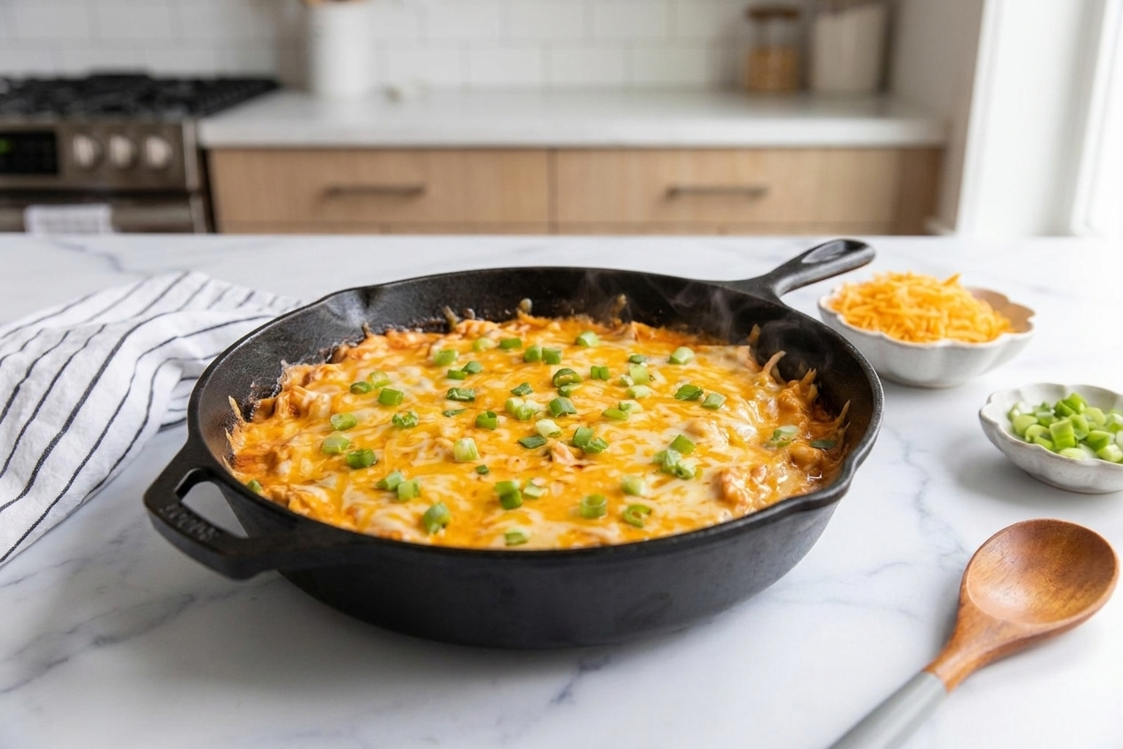 A cast iron skillet filled with bubbling chicken wing dip topped with melted cheddar and green onions on a warm kitchen counter