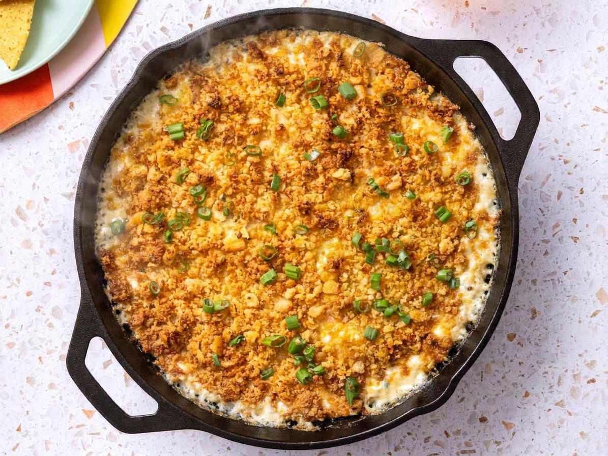 A cast iron skillet filled with bubbling jalapeño popper dip topped with golden toasted panko and chopped green onions on a light kitchen counter